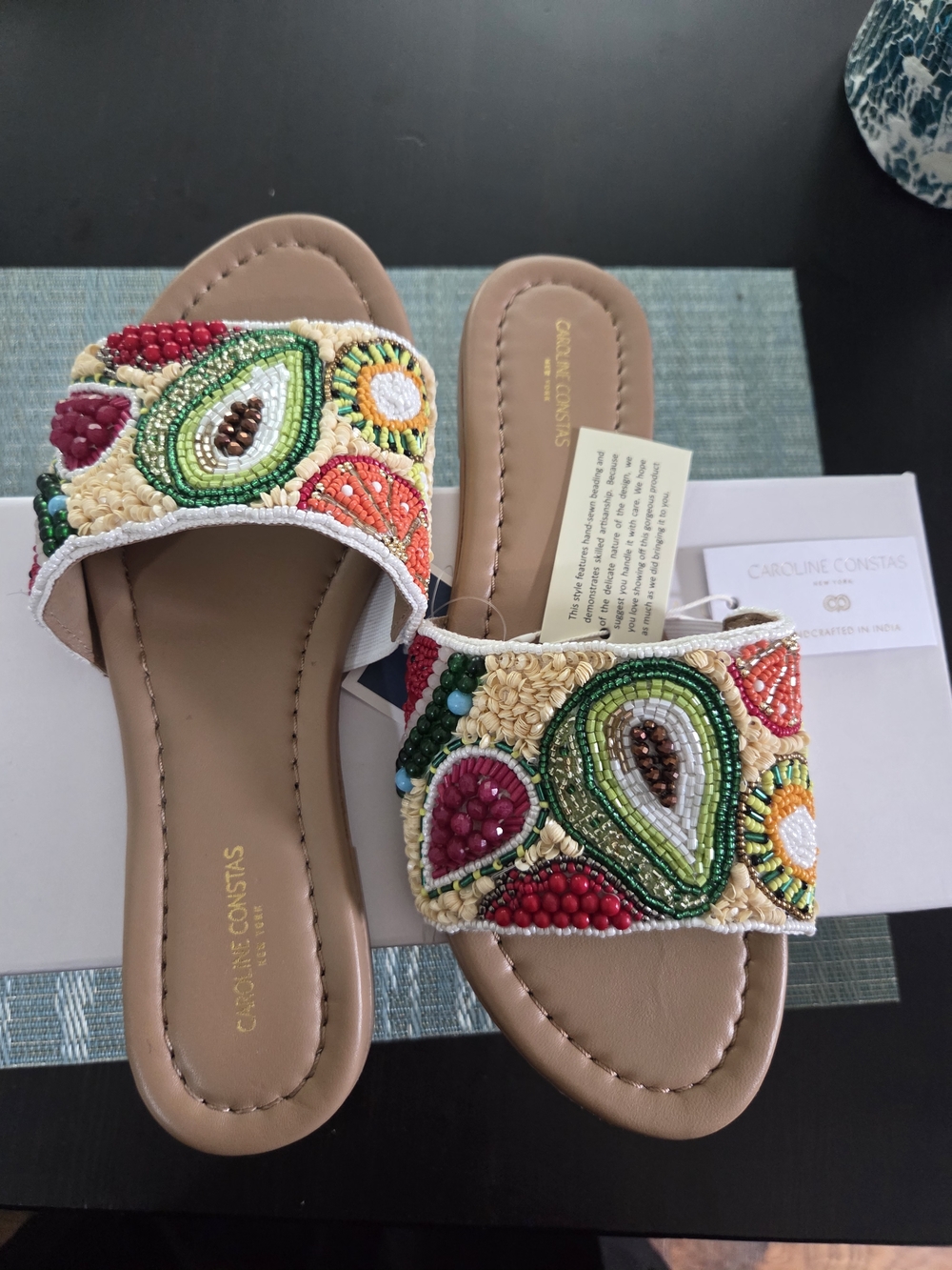 New Caroline Constas Beaded Multicolor Slide Sandals